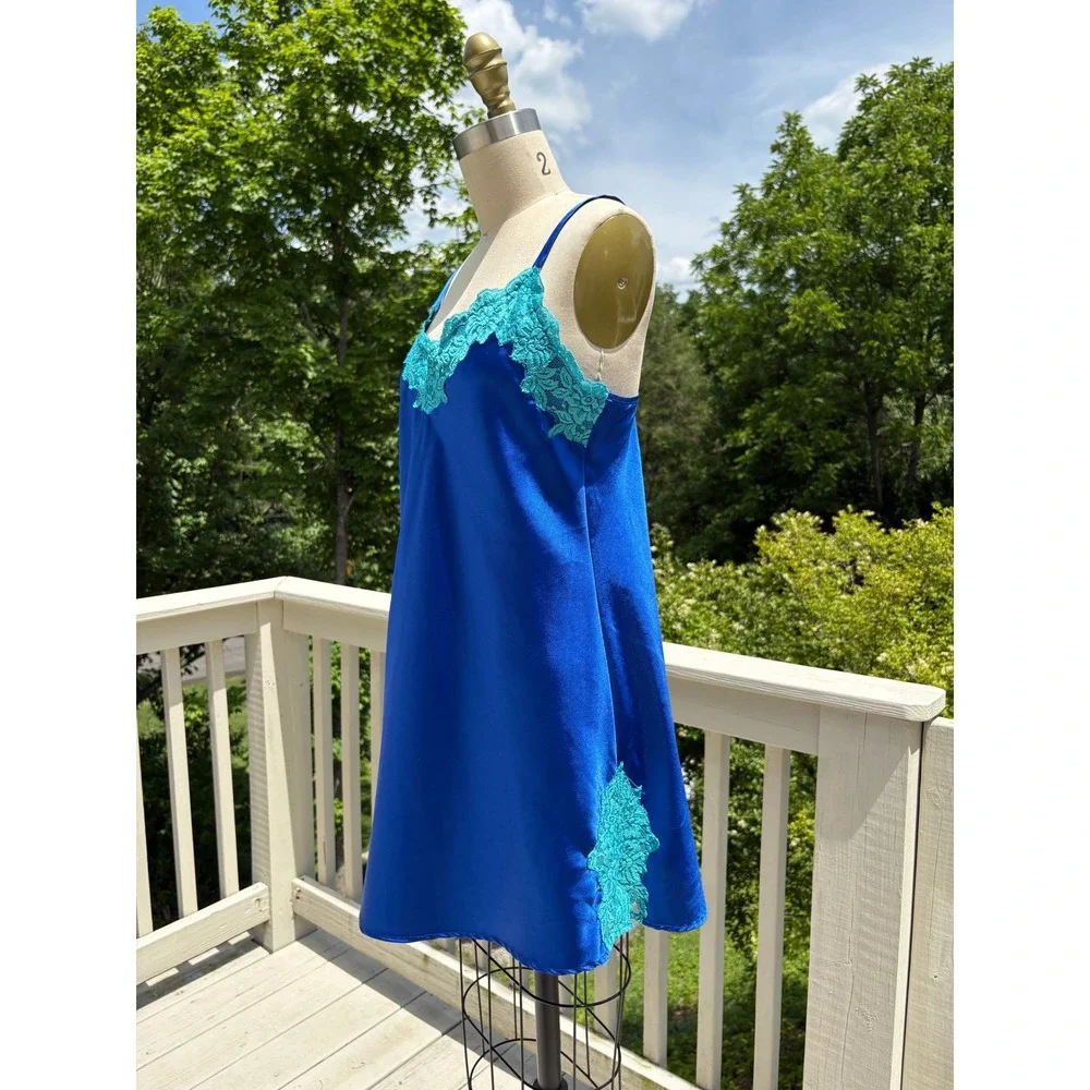 Vintage Satin Slip Dress Small Blue Turquoise Lace Trim Y2K Coquette Jones NY - Picture 4 of 10
